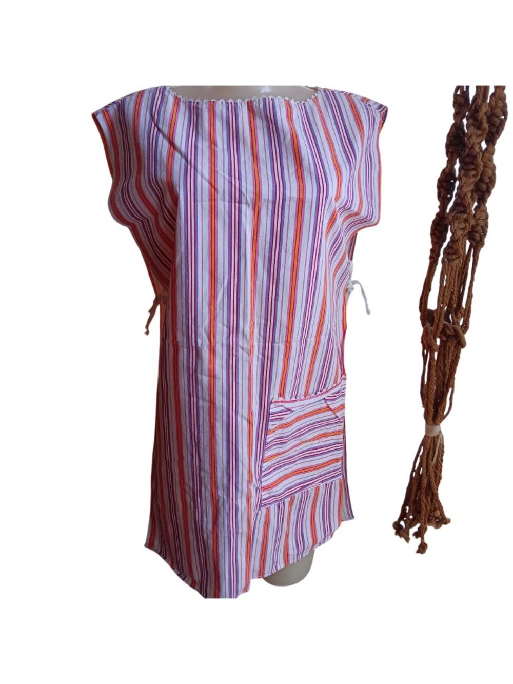 Vintage 1950's  Kitchen Apron Striped Cotton Sleeveless Apron Side Ties Handmade